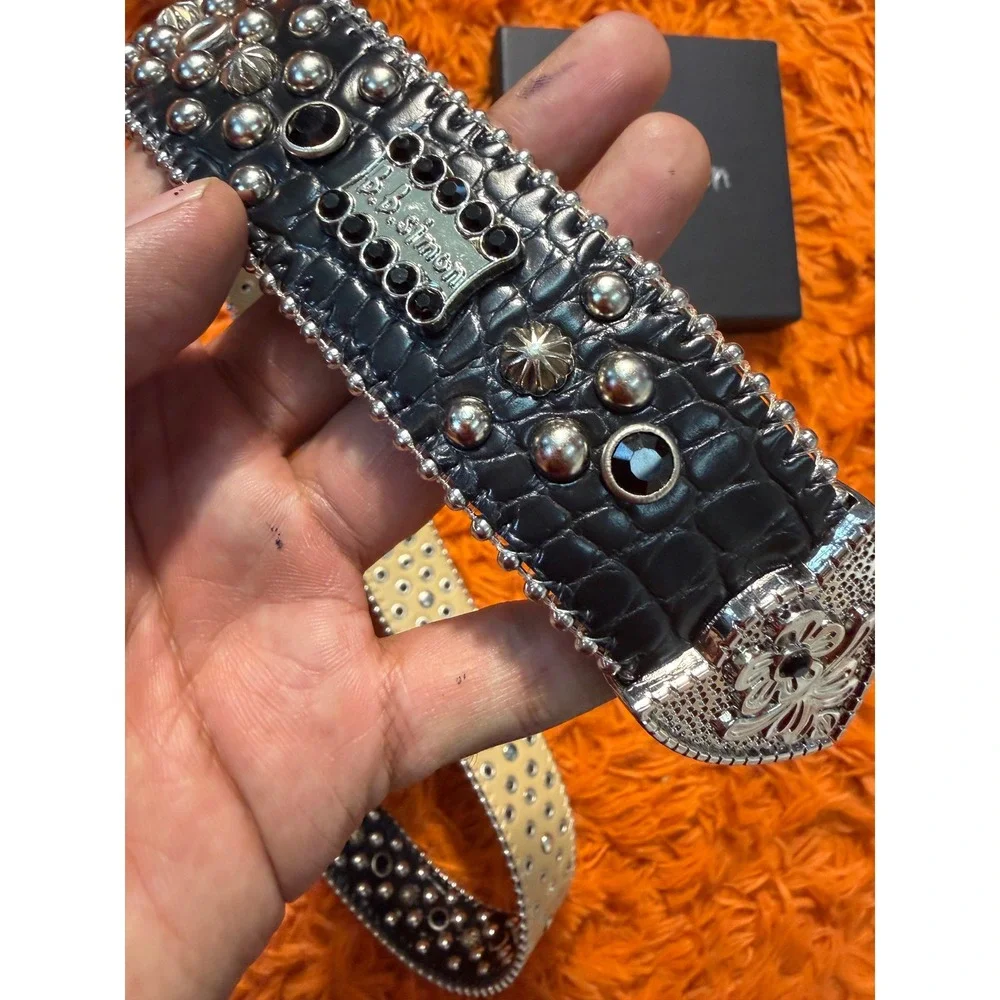 BB Simon Black Croc Embossed Leather Swarovski Crystal Studded Western Belt Box